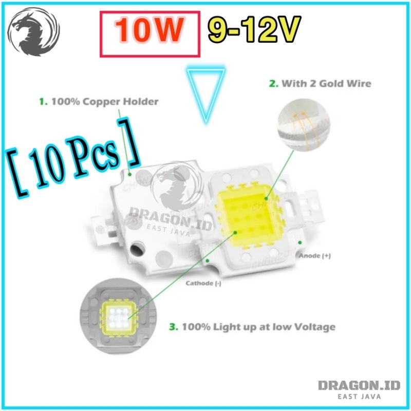 [ 10 Pcs ] High Power LED HPL WHITE 10Watt - 12V DC/Aki, Lampu Sorot Super terang