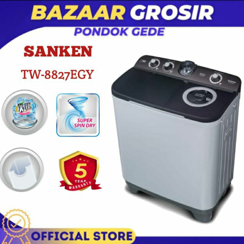 MESIN CUCI SANKEN 2 TABUNG 7KG TW8827EGY / TW 8827 EGY / TW-8827EGY EXTRA LOW WATT
