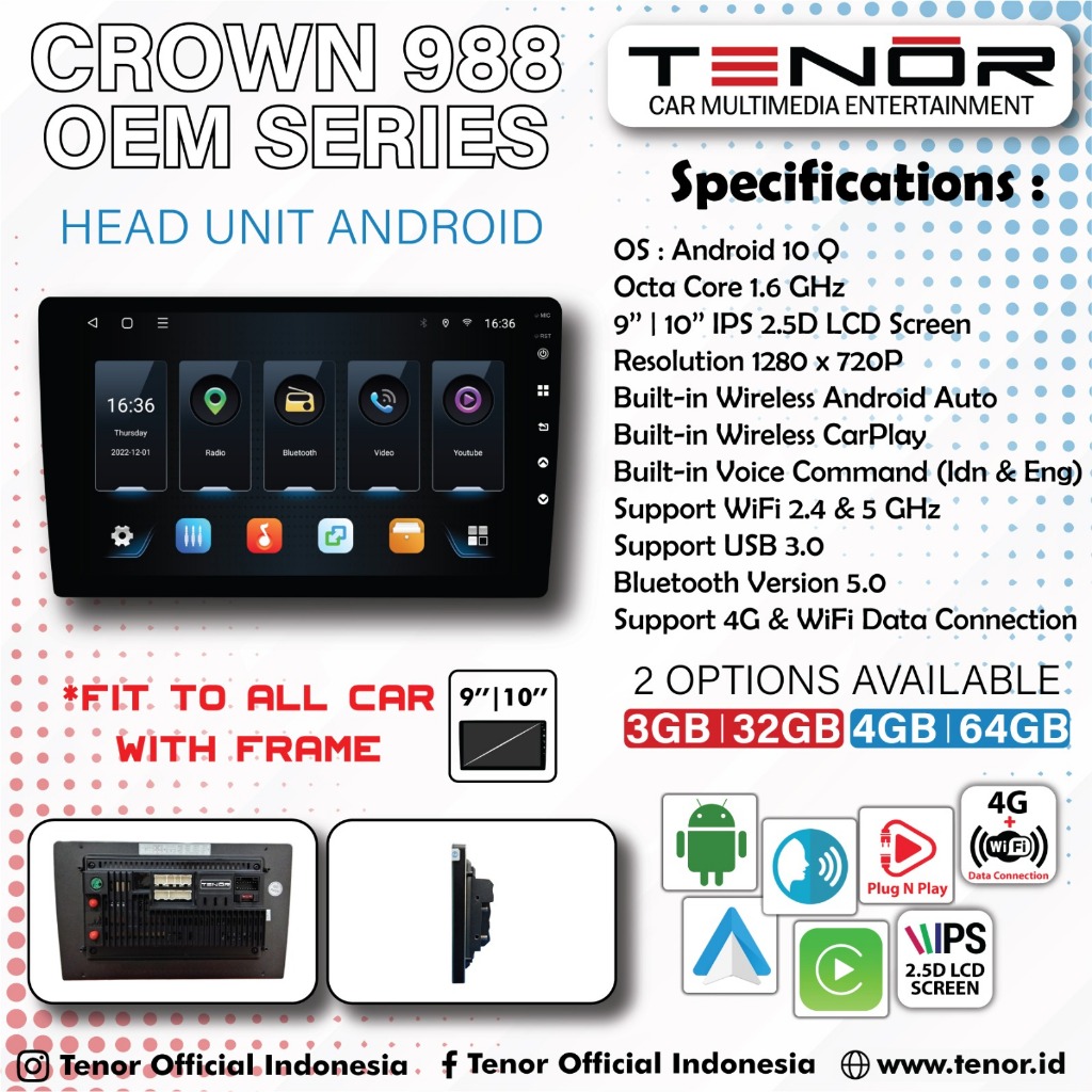 HEADUNIT ANDROID / TV MOBIL / HEADUNIT ANDROID TENOR CROWN 988 RAM 4/64 FREE KAMERA PARKIR