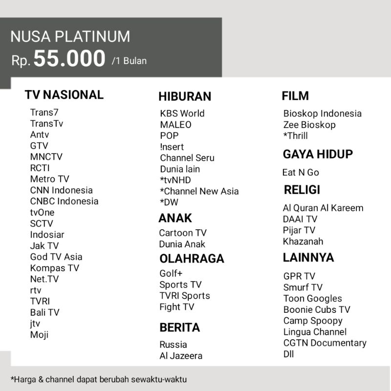 Paket Nusa Platinum Nusantara HD 1 Bulan