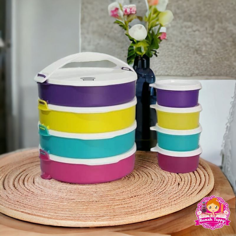 Wadah Tempat Makanan Rantang Susun 4 Click To Go Round Reheatable Tupperware Tuppy Murah
