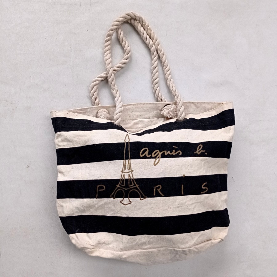tas Agnes B voyage Paris stripes canvas tote bag