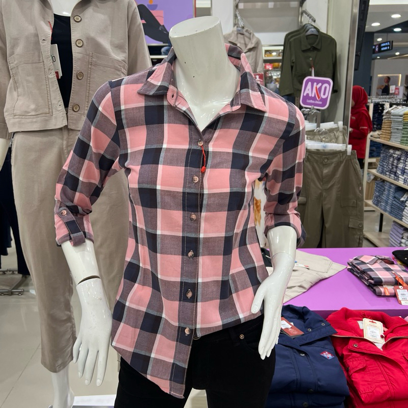 AKO kemeja wanita pink check motif kotak-kotak bahan katun premium S-XXL