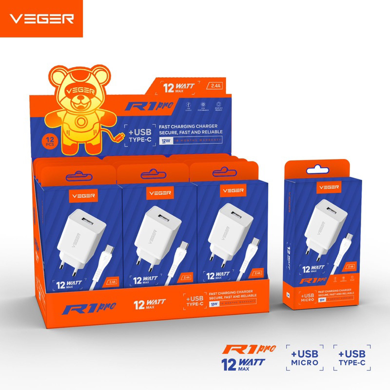 CHARGER VEGER R1 PRO 12W 2.4A with Kabel MICRO USB or TYPE C ORIGINAL GARANSI RESMI 1 TAHUN For Sams