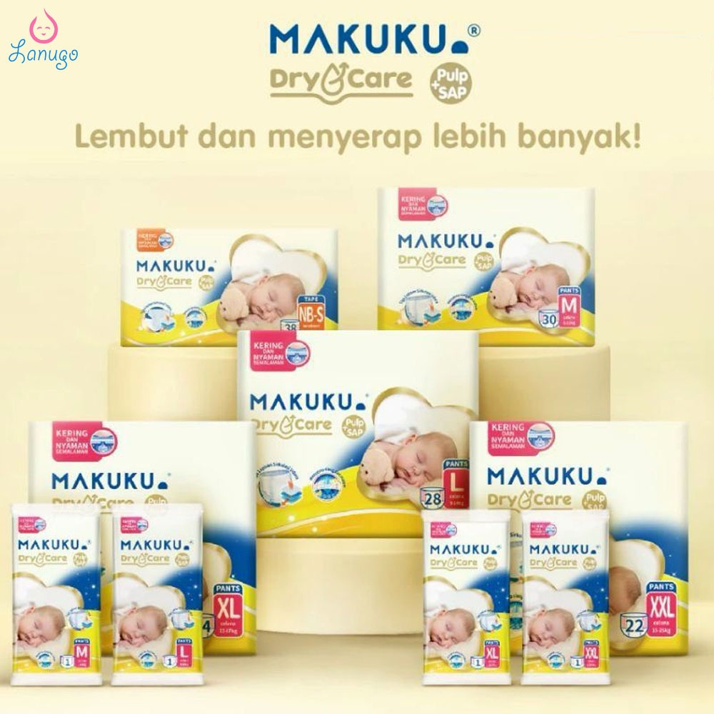 MAKUKU Diapers DRY CARE Popok Bayi NBS38 S38 M30 L28 XL24 XXL22 / Pampers Bayi Perekat dan Celana