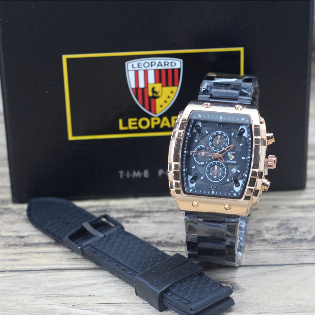 Jam tangan Leopard 8018 tali rantai free rubber analog tanggal aktif chronograp off pria original