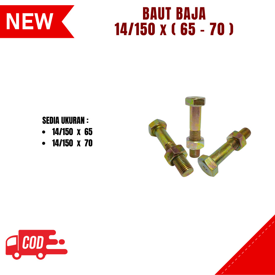 Baut Baja Ukuran  14/150 x  65, 14/150 x 70 Hitam Drat Kasar Baut Baja Plus Mur Drat Kasar Warna Hit