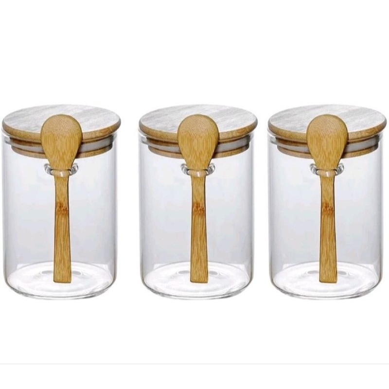 ALICIA TOPLES BUMBU BAHAN KACA TUTUP KAYU PLUS SENDOK