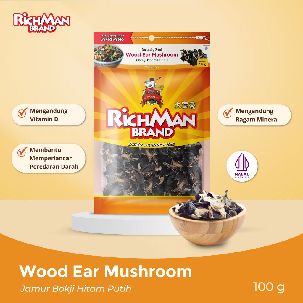 

RichMan Brand Wood Ear Mushroom (Jamur Bokji Hitam-Putih) 100 gr