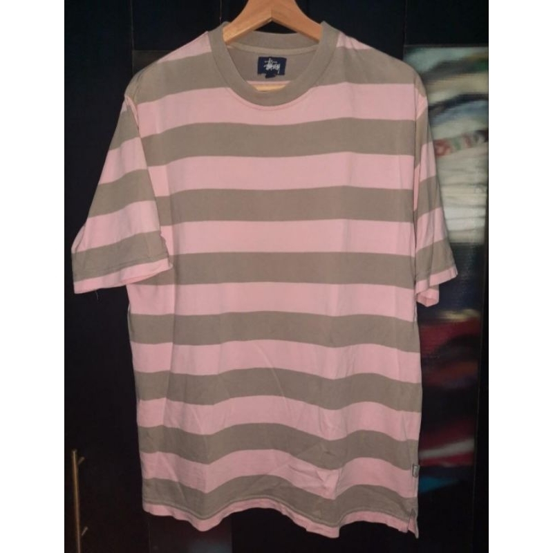Stussy t shirt stripped kaos peach pink garis abu original salur stusy second