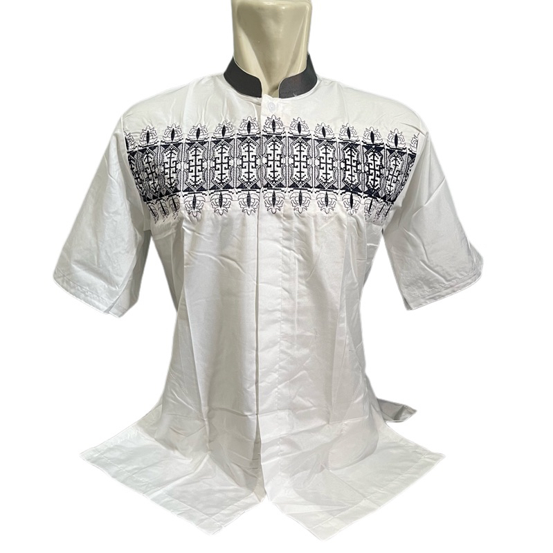 MOTIF RANDOM PUTIH LENGAN PENDEK/ KOKO BORDIR/ TERBARU MURAH KAIN MIKRO/BAJU TAKWA PUTIH BORDIR LENG