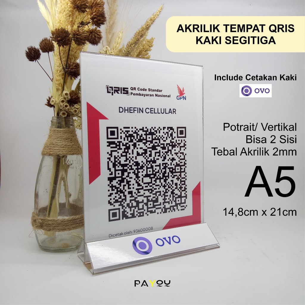 Akrilik Tempat QRIS/ Barcode A5 2mm Kaki Segitiga Logo OVO