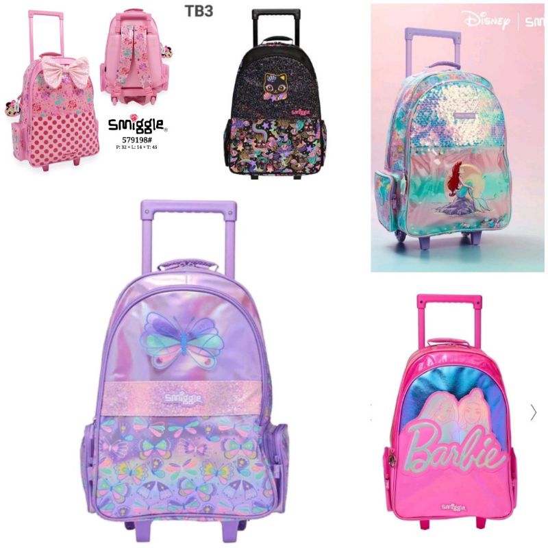 Smiggle Trolley Ariel, BlackCat, Minnie, Barbii, Flutter Butterfly Backpack/ Tas Koper Anak Perempua