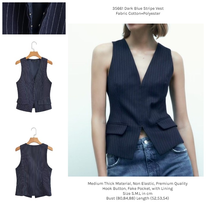 35661 Rompi Biru Salur Wanita Dark Blue Stripe Blazer Vest