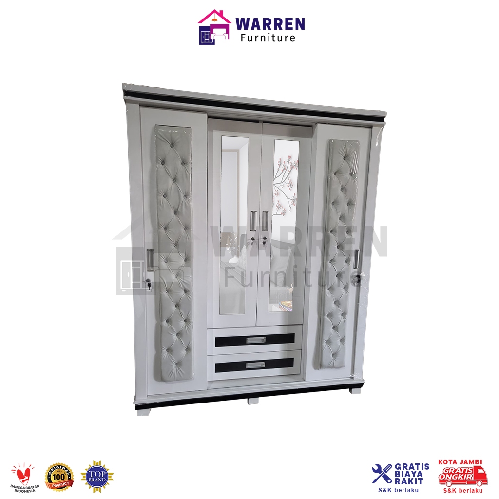 Lemari 4 Pintu 2 kaca + 2 Laci Warna Putih Premium / Sliding Jok