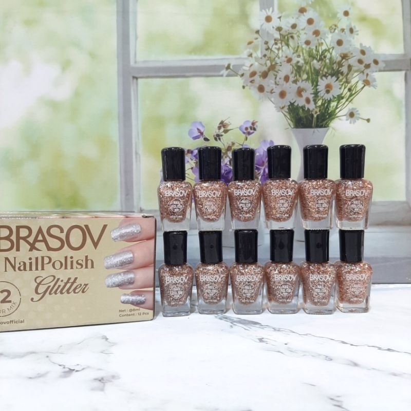 Kutek Brasov Warna Gold Glitter / Kutek Kuku Glitter Warna Gold / Cat Kuku Harga Per 1 Box Isi 12 Pc