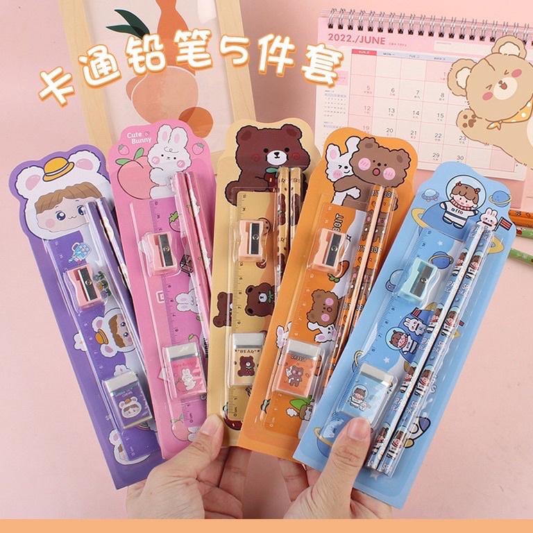 

ART M35V GROSIR 4PCS kawaii set stationery 5 in 1 paket alat tulis sekolah pensil penggaris rautan hapusan cocok souvenir hampers hadiah kado ulang tahun birthday gimmick lomba natal Christmas