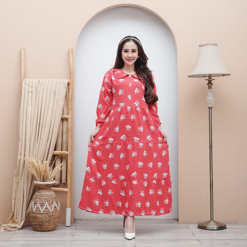 MIDI DRESS RAYON MOTIF TERBARU BUSUI-GAMIS RAYON MOTIF GAMIS RAYON KEKINIAN BUSUI LENGAN PANJANG
