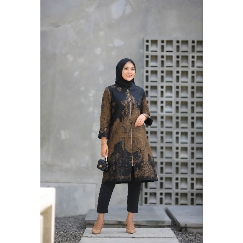 Tunik Batik Wanita Motif Sriti Lemah Teles Full Tricot Bahan Katun Premium Resleting Depan - Tunik K