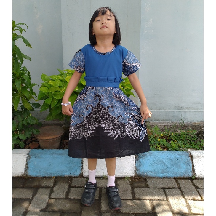 Dress Baju Batik Sekolah Anak Perempuan TK SD PAUD BALITA 3243 Biru