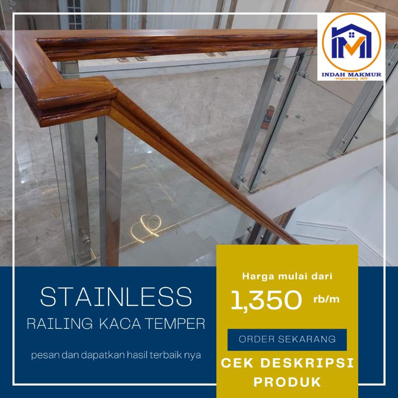 pagar railing / balkon stainless kaca temper 8mm / handrail kayu