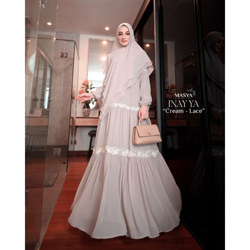 Set Gamis Dress Ceruty Babydoll Printing Premium Syari Branded  Coklat muda - krim - Cream Lace - Re