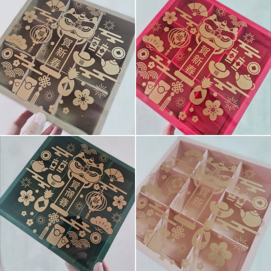 

(5 pcs) kardus tutup mika imlek sekat 9 dus eggtart fruitpie box kue soes pie susu pao mini sincia konyen cny chinese new yeae