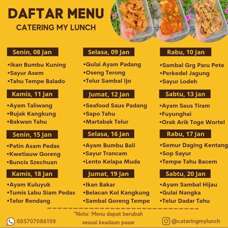 

Catering Harian Paket Small (2 Porsi) Untuk 6 Hari Pengiriman