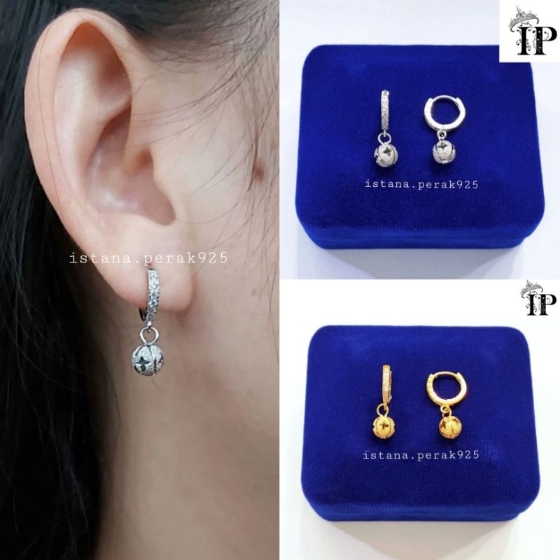ANTING PERAK ASLI SILVER 925 LAPIS EMAS MODEL JEPIT GANTUNGAN BOLA UKIR PASIR