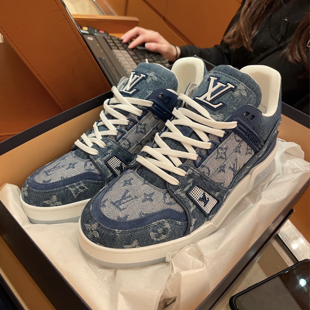 LV/Louis Vuitton men's shoes and women's shoes Trainer vintage denim blue canvas patchwork low-top s