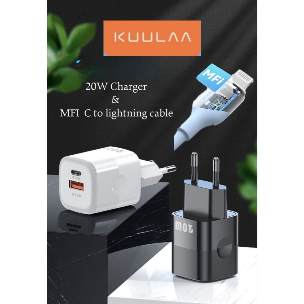 KUULAA Charger USB Type C PD Quick Charge 2 Port 20W / KUULAA Kabel MFI C to iPhone Lightning Soft S