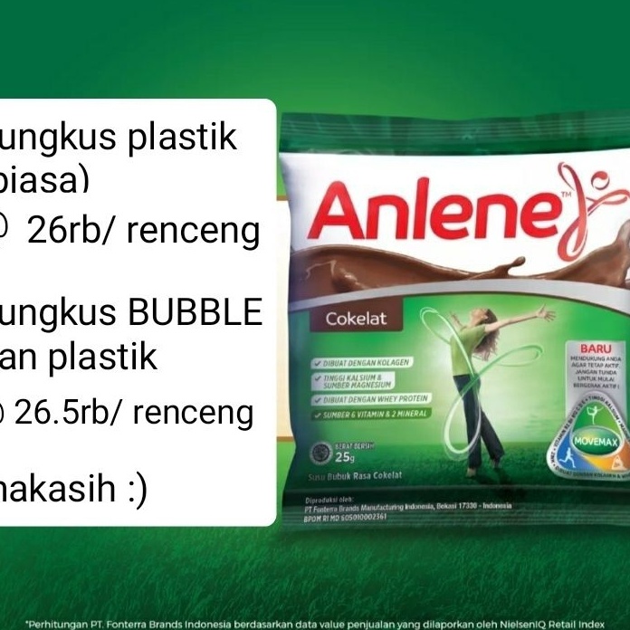 

BPXG1762 Jangan Sampai Kehabisan PROMO ANLENE SACHET COKELAT 25gr x 1 pcs exp 225