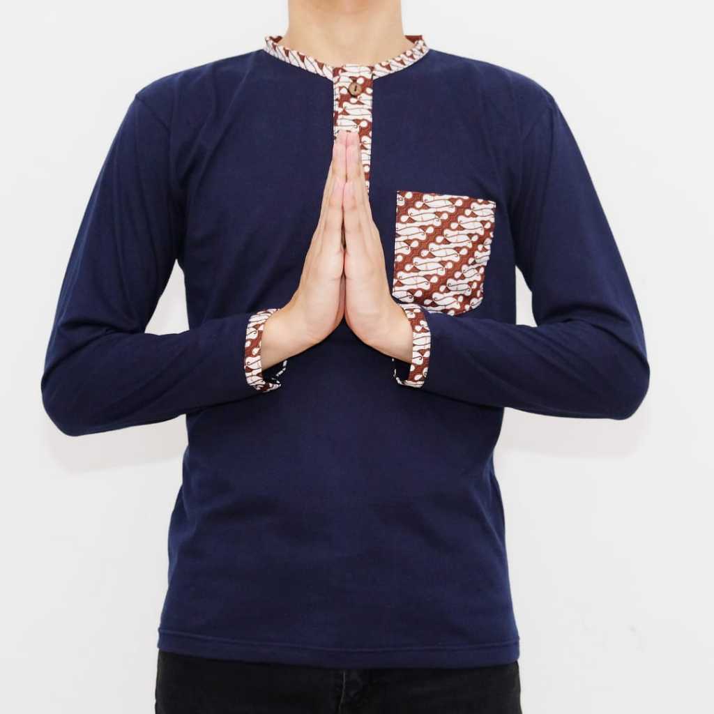 Baju Koko Variasi Batik Lengan Panjang Pria Warna Biru Donker Navy Premium Sari