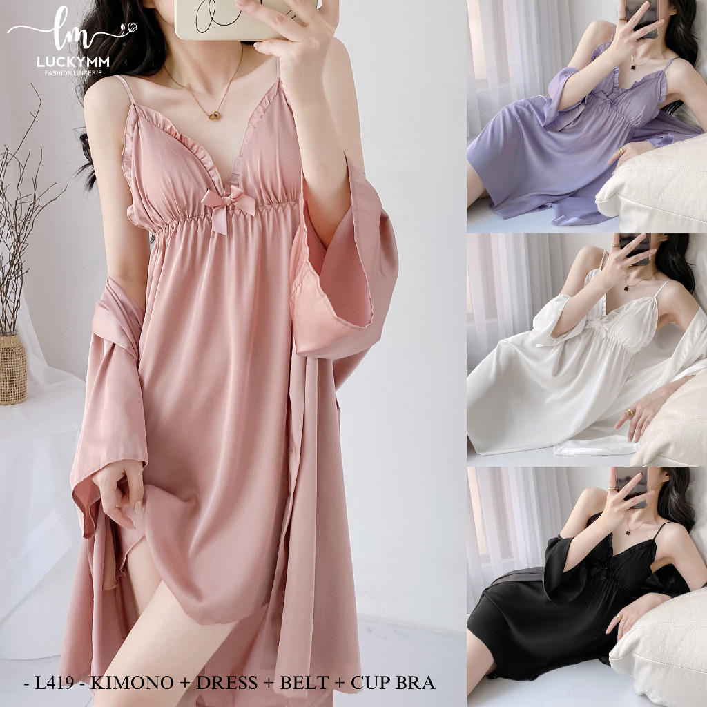 Set Baju Tidur Wanita Dress Kimono 2in1 Satin Silk dengan Cup Bra