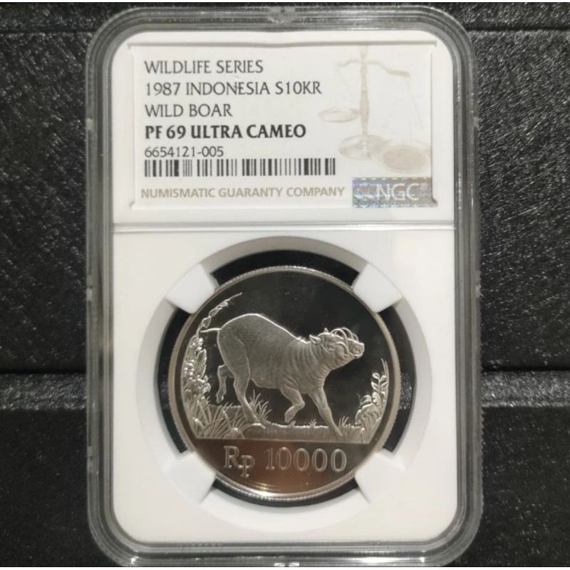 NGC PF 69 ULTRA CAMEO 1987 10000 Rupiah Wild Boar Koin Silver Perak