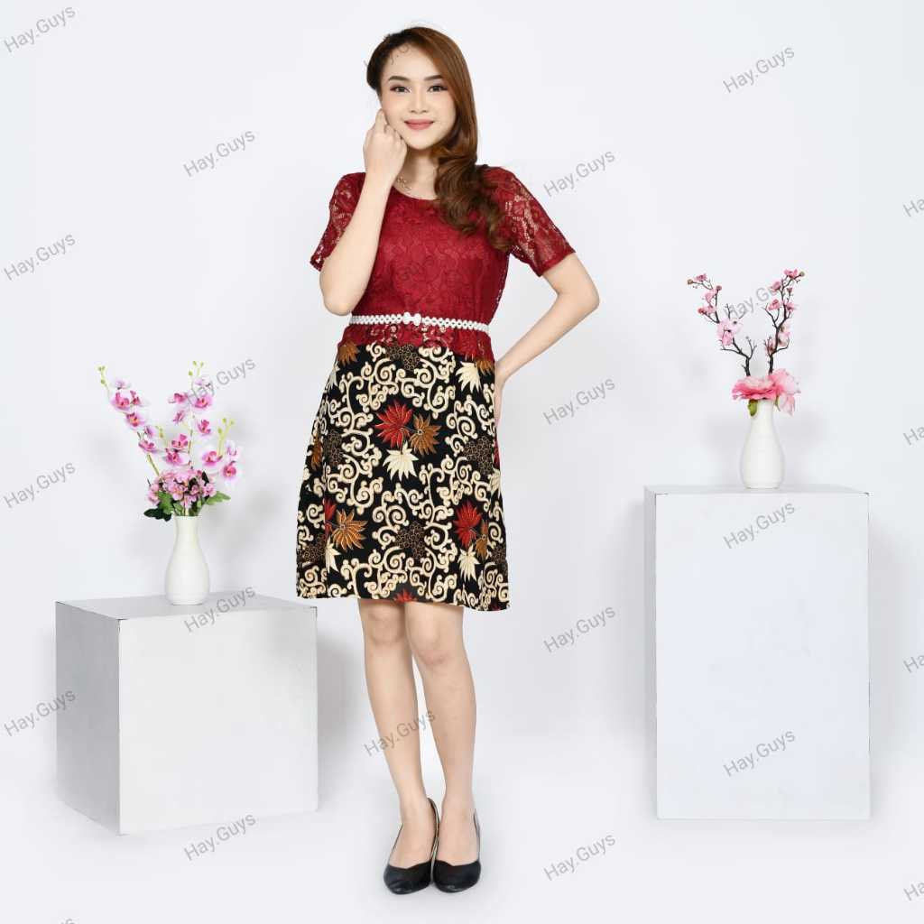 Baju Gaun Wanita Dress Batik Modern Brukat Lengan Pendek Dress Wanita Hitam Merah Maroon Baju Lebaran Anak Tanggung Gadis Remaja Dewasa Kekinian Dress Pesta Polos Acara Gereja Natal Idul Fitri Gaun Kondangan Brokat GLW