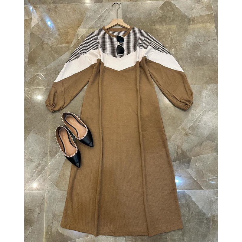 Dress Wanita Kalem Simple Kekinian Gamis Polos Knit Mix Motif Knit Terbaru OOTD Remaja Muslimah Fash