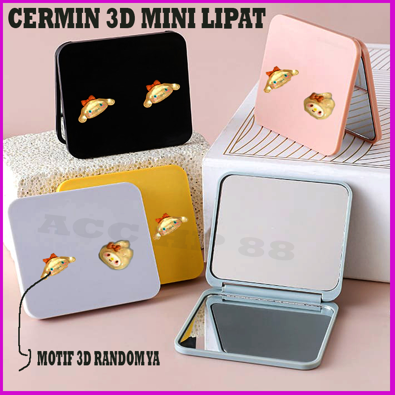 Acchp Cermin Lipat Mini 3D Boneka Timbul Model Segiempat 2 Sisi Persegi Polos Kaca Make Up