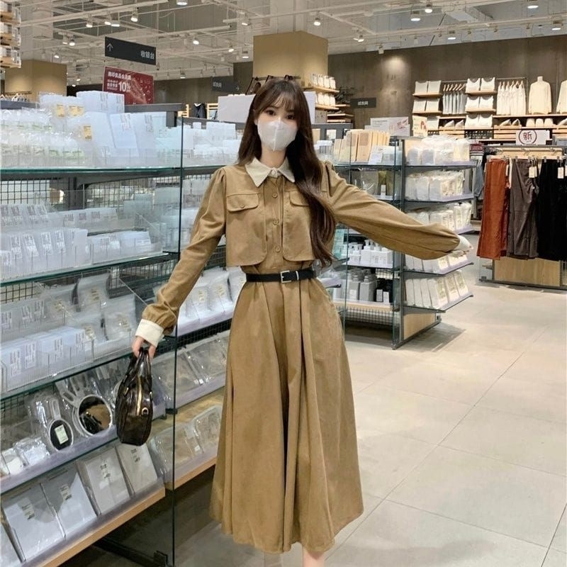 Dress Midi Prancis Retro Korduroi Vintage