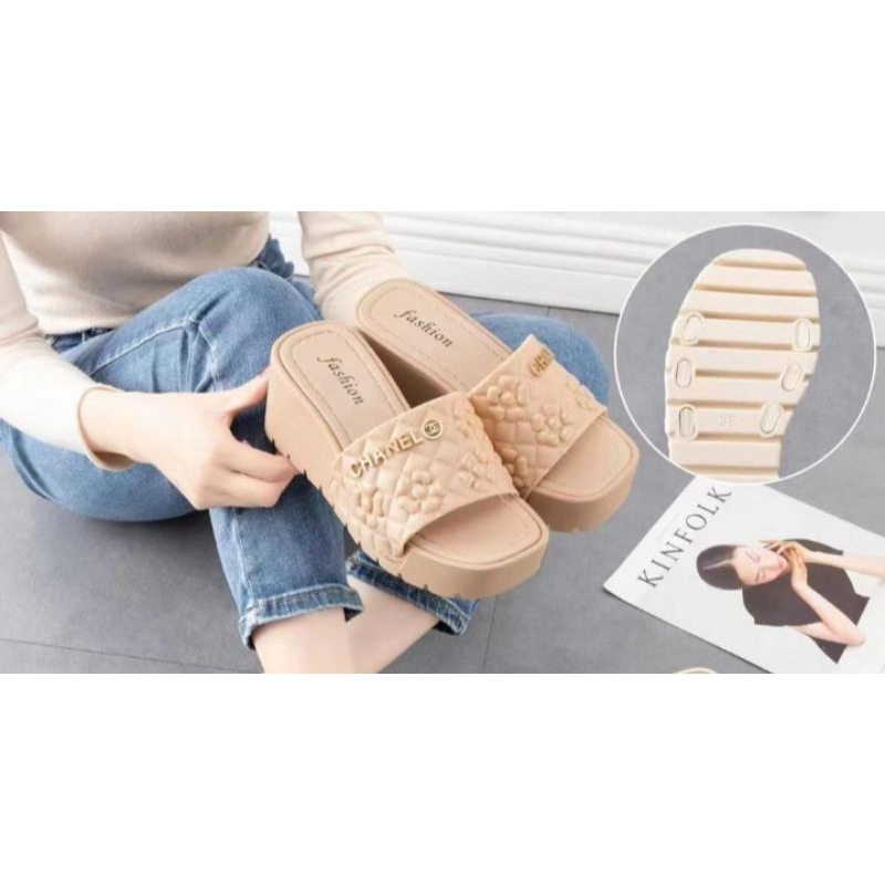 Sandal Wedges Cha.nel tebal heels 9cm karet jelly Empuk