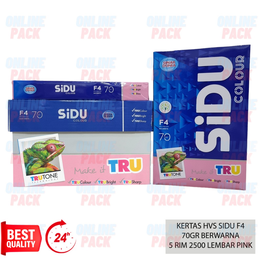 

KERTAS HVS SIDU F4 FOLIO 70GR BERWARNA PINK 70 GSM GRAM 1 KARTON BOX 5 RIM 2500 LEMBAR MERAH MUDA ROSE COLOUR TRU CERAH TAJAM COPY LASER FAX INKJET