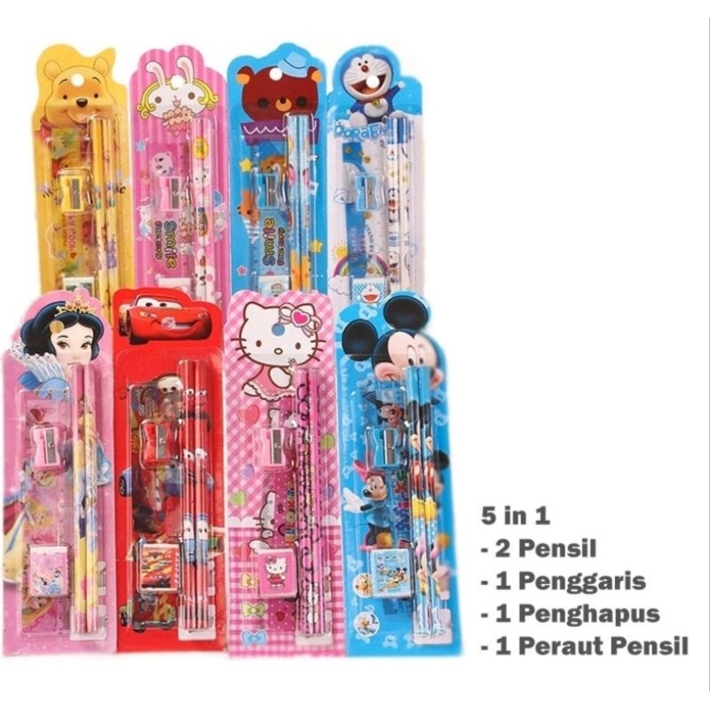 

Alat Tulis Sekolah 5 in 1 / Alat Tulis Pensil Lucu Dan Penghapus/ Paket Alat Tulis / Stationery Set 5 in Karakter