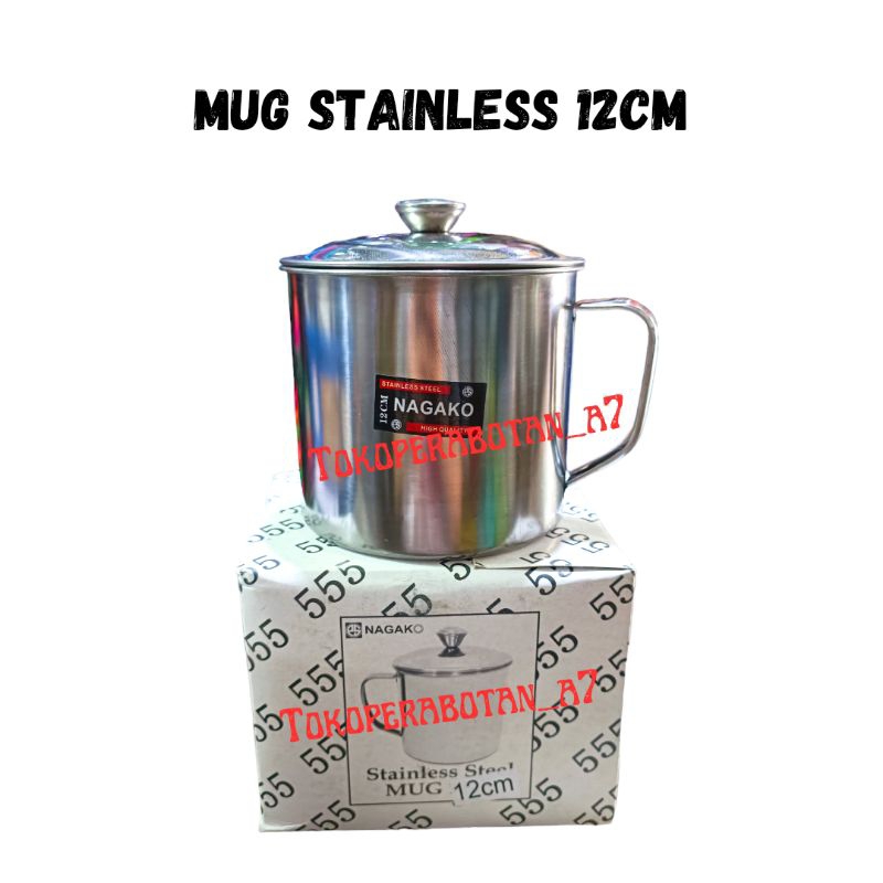 Mug stainless 12cm +tutup /cangkir tutup stainless besar 555