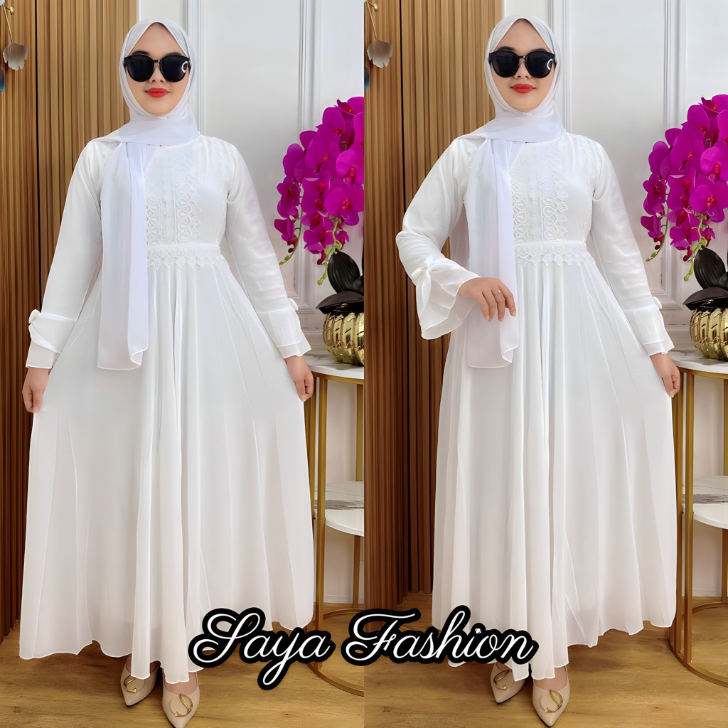 Maxi Dress Ceruty Putih Polos Renda Gaun Muslim 7454 Premium