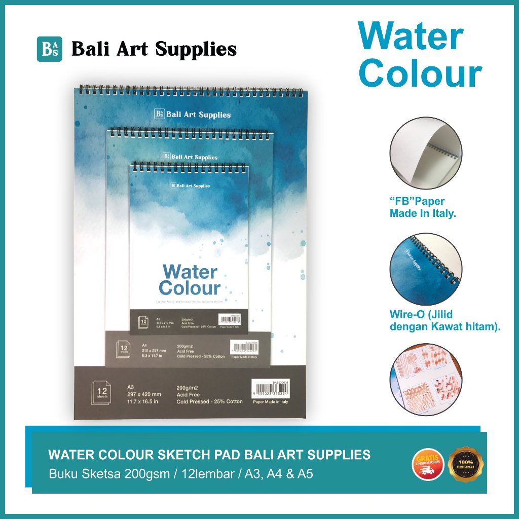 

Water Colour Book Bali Art Supplies / Buku Gambar & Sketsa Wire Bound SketchPad (12 lembar A3 A4 A5 200 gsm)