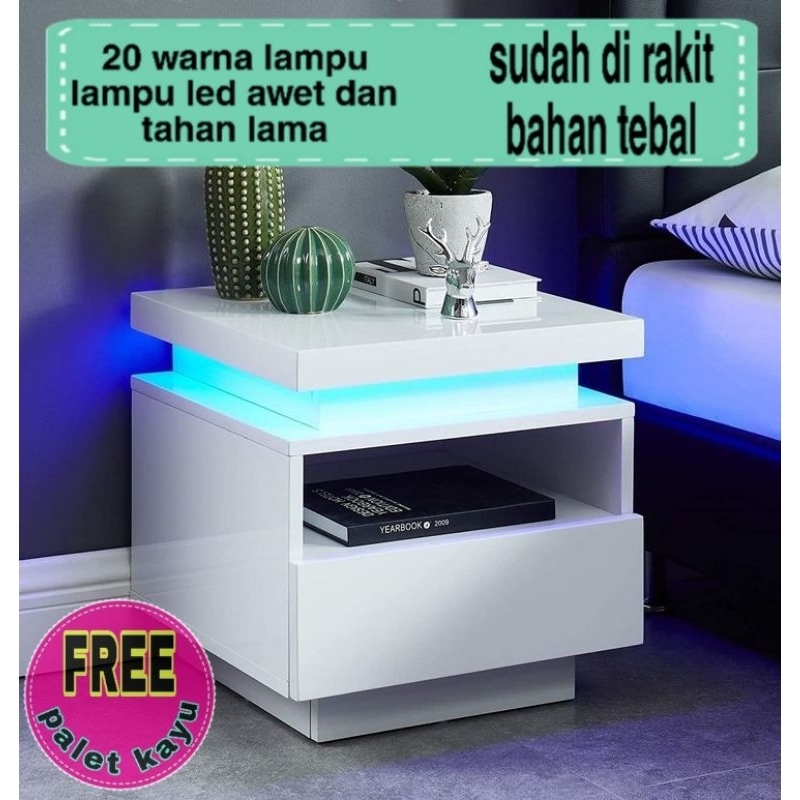 meja nakas minimalis 20 warna lampu led Drawer Pakaian Estetik Laci Putih Meja Sudut Kamar TidurMeja
