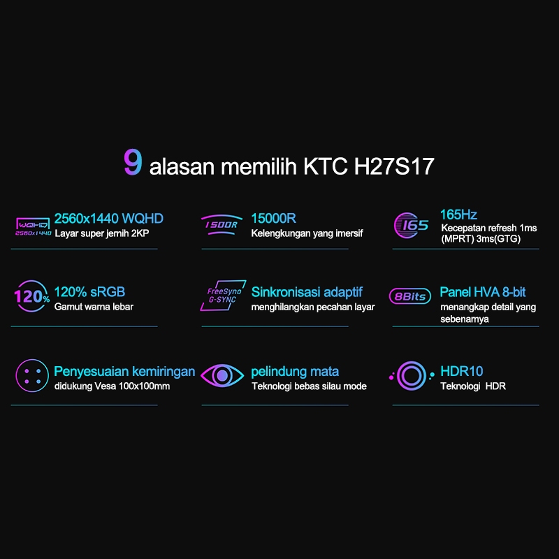 KTCMonitor 2K 27 inci 165HZ refresh tinggi HVA desktop pelindung mata gaming komputer layar lengkung-8