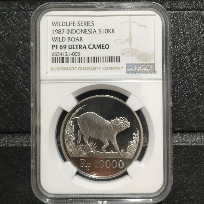 NGC PF 69 ULTRA CAMEO 1987 10000 rupiah Wild Boar koin silver perak