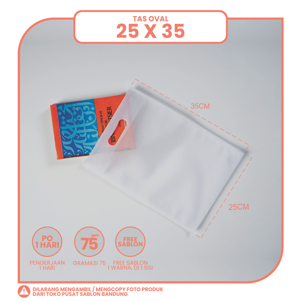 

TAS SPUNBOND OVAL 25X35 (SABLON COSTOM) UNTUK TAS SOUVENIR, SYUKURAN, MENGENANG, PROMOSI, MAP, CLOTHING, LEMBAGA DLL
