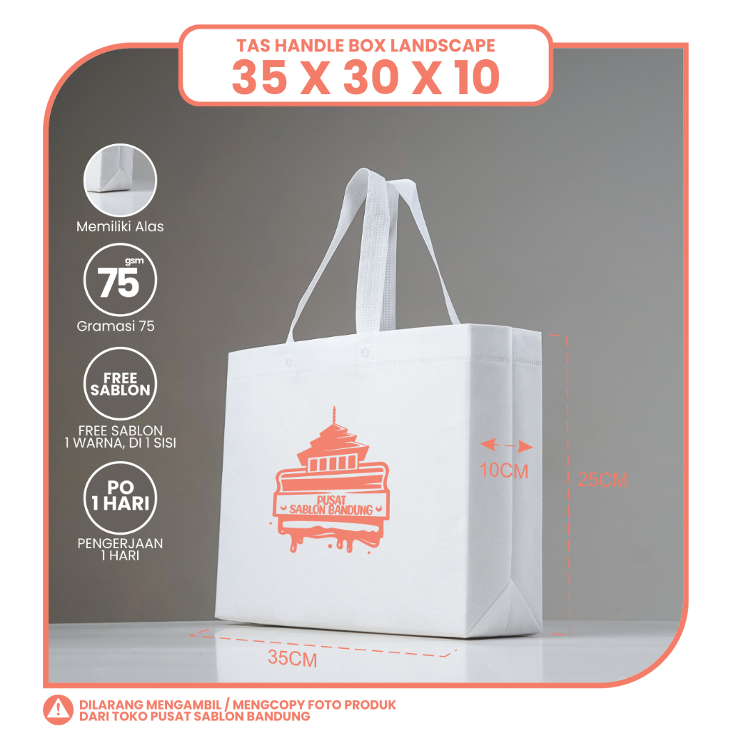 

TAS SPUNBOND LIPAT BOX 35X30 LANDSCAPE(SABLON COSTOM) UNTUK TAS SOUVENIR, SYUKRAN, MENGENANG, PROMOSI, BANSOS, CLOTHING, LEMBAGA DLL